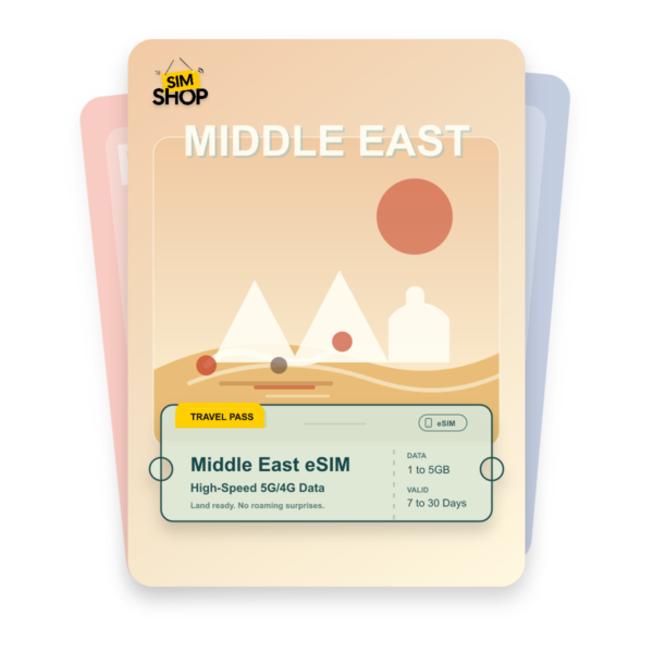 Middle East eSIM travel pass showing 1 to 5GB data, valid for 7 to 30 days.