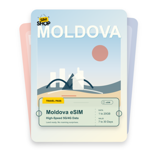 Moldova eSIM travel pass showing 1 to 20GB data, valid for 7 to 30 days.