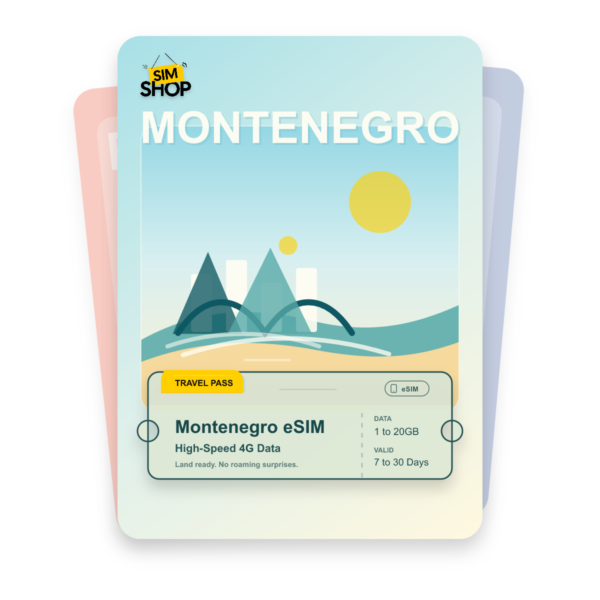 Montenegro eSIM travel pass showing 1 to 20GB data, valid for 7 to 30 days.