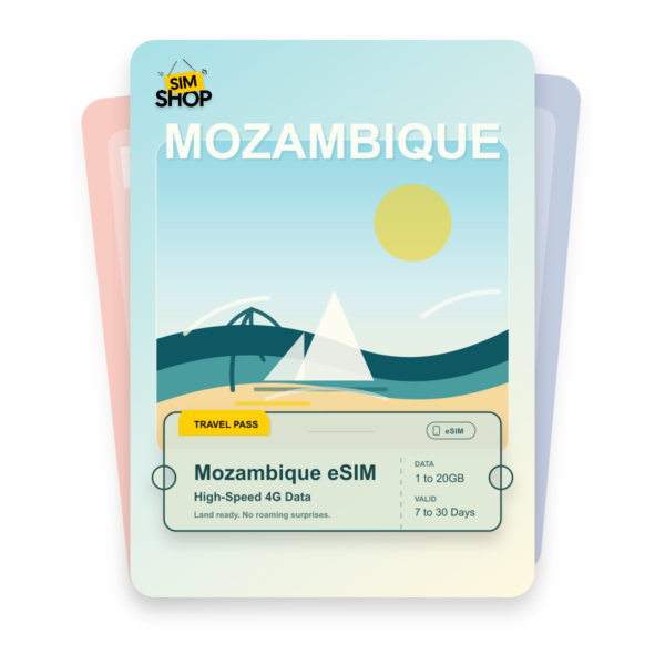 Mozambique eSIM travel pass showing 1 to 20GB data, valid for 7 to 30 days.