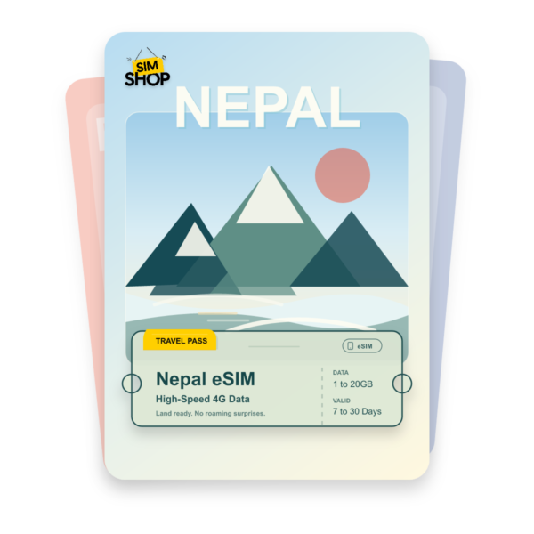 Nepal eSIM travel pass showing 1 to 20GB data, valid for 7 to 30 days.