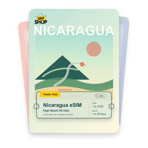 Nicaragua eSIM travel pass showing 1 to 20GB data, valid for 7 to 30 days.