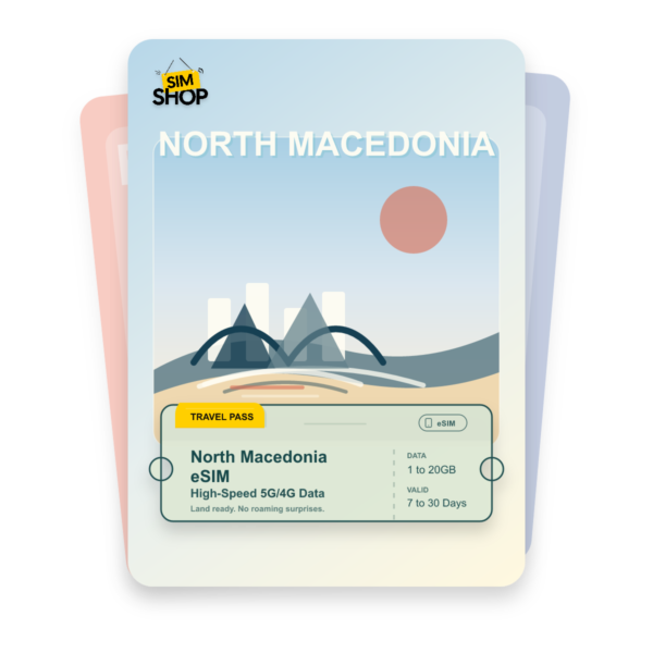 North Macedonia eSIM travel pass showing 1 to 20GB data, valid for 7 to 30 days.