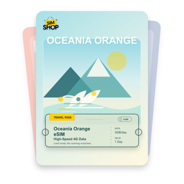 Oceania Orange eSIM travel pass showing 3GB/day data, valid for 1 day.