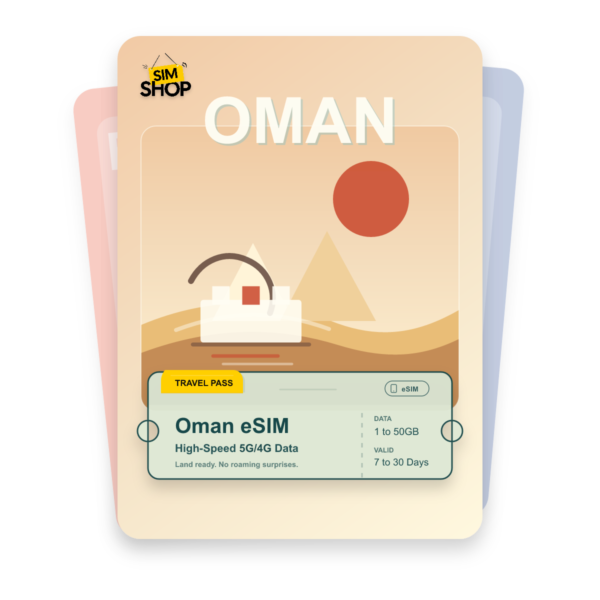 Oman eSIM travel pass showing 1 to 50GB data, valid for 7 to 30 days.