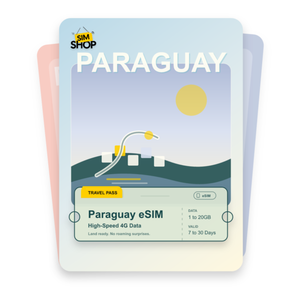 Paraguay eSIM travel pass showing 1 to 20GB data, valid for 7 to 30 days.