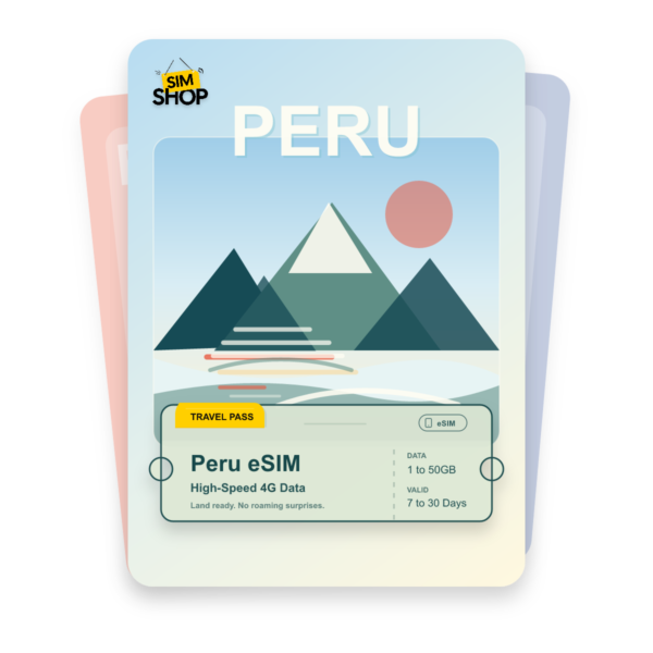 Peru eSIM travel pass showing 1 to 50GB data, valid for 7 to 30 days.