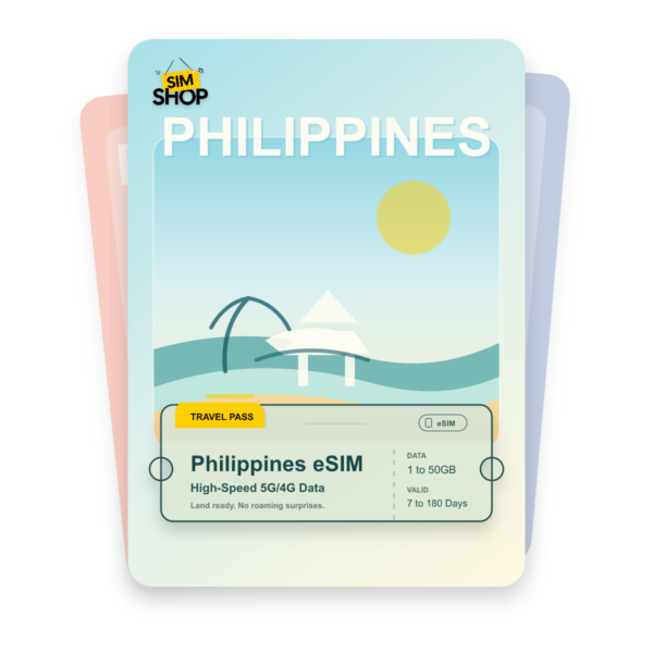 Philippines eSIM travel pass showing 1 to 50GB data, valid for 7 to 180 days.