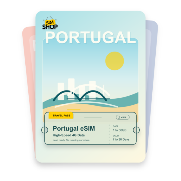 Portugal eSIM travel pass showing 1 to 50GB data, valid for 7 to 30 days.