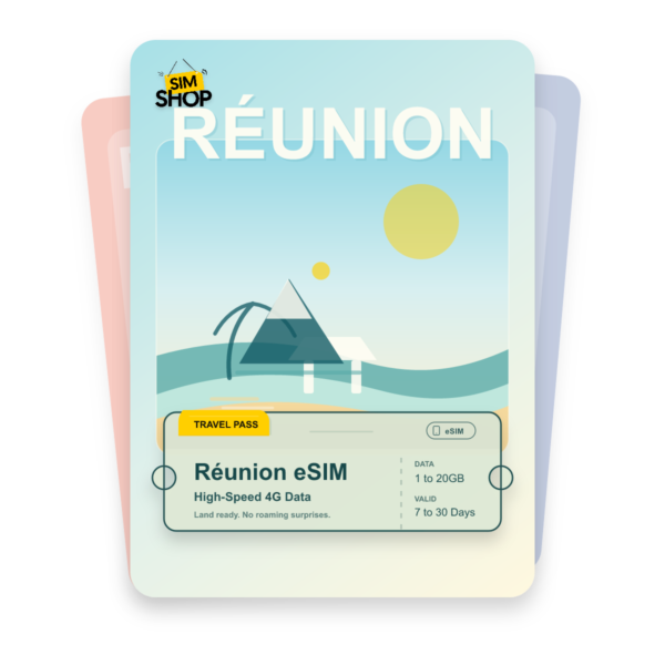 Reunion eSIM travel pass showing 1 to 20GB data, valid for 7 to 30 days.