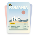Romania eSIM travel pass showing 1 to 50GB data, valid for 7 to 180 days.