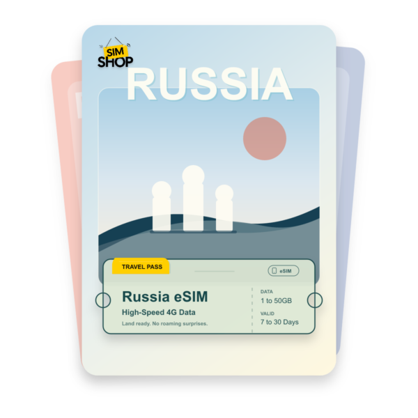 Russia eSIM travel pass showing 1 to 50GB data, valid for 7 to 30 days.