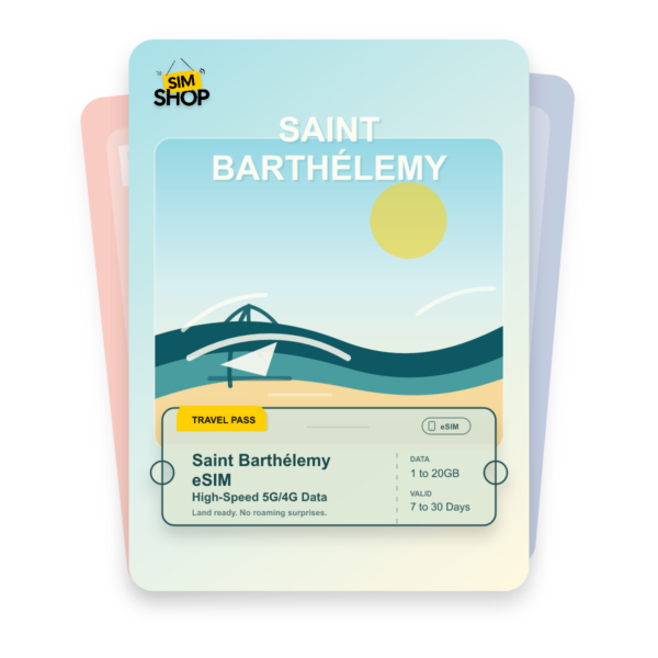 Saint Barthelemy eSIM travel pass showing 1 to 20GB data, valid for 7 to 30 days.