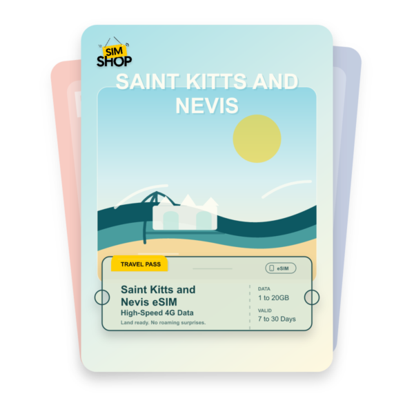 Saint Kitts and Nevis eSIM travel pass showing 1 to 20GB data, valid for 7 to 30 days.