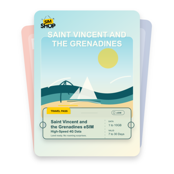 Saint Vincent and the Grenadines eSIM travel pass showing 1 to 10GB data, valid for 7 to 30 days.