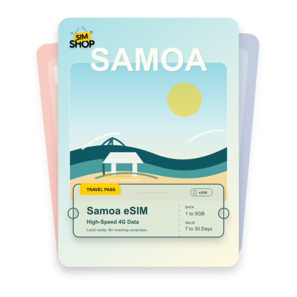 Samoa eSIM travel pass showing 1 to 5GB data, valid for 7 to 30 days.