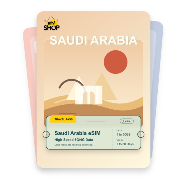 Saudi Arabia eSIM travel pass showing 1 to 50GB data, valid for 7 to 30 days.