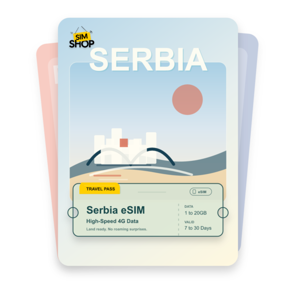 Serbia eSIM travel pass showing 1 to 20GB data, valid for 7 to 30 days.