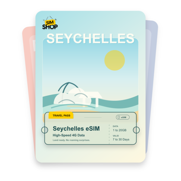 Seychelles eSIM travel pass showing 1 to 20GB data, valid for 7 to 30 days.