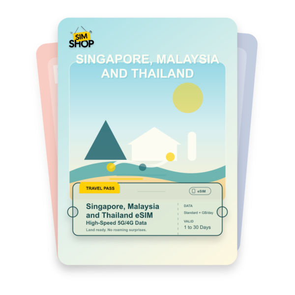Singapore, Malaysia and Thailand eSIM travel pass showing Standard + GB/day data, valid for 1 to 30 days.