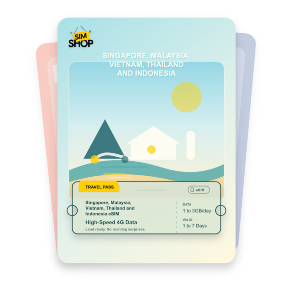Singapore, Malaysia, Vietnam, Thailand and Indonesia eSIM travel pass showing 1 to 3GB/day data, valid for 1 to 7 days.