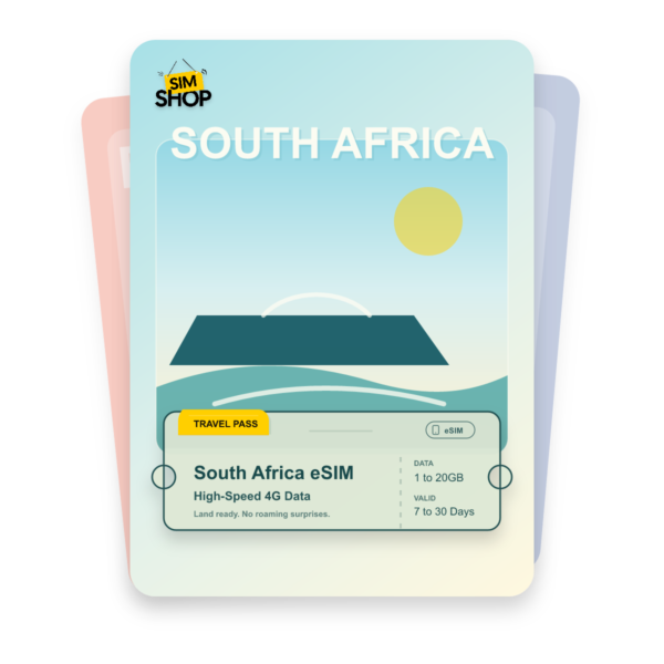 South Africa eSIM travel pass showing 1 to 20GB data, valid for 7 to 30 days.