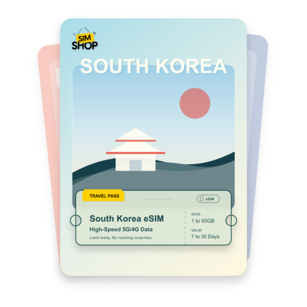 South Korea eSIM travel pass showing 1 to 50GB data, valid for 7 to 30 days.