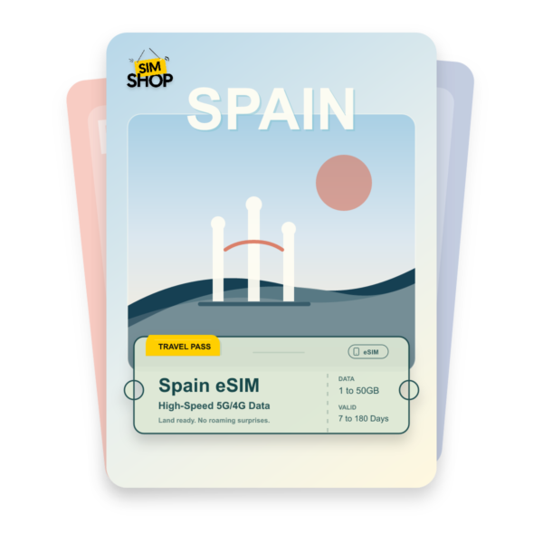 Spain eSIM travel pass showing 1 to 50GB data, valid for 7 to 180 days.