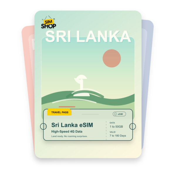 Sri Lanka eSIM travel pass showing 1 to 50GB data, valid for 7 to 180 days.