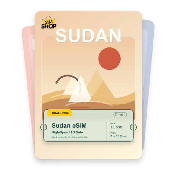 Sudan eSIM travel pass showing 1 to 5GB data, valid for 7 to 30 days.