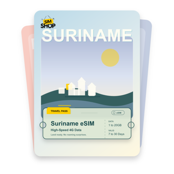 Suriname eSIM travel pass showing 1 to 20GB data, valid for 7 to 30 days.