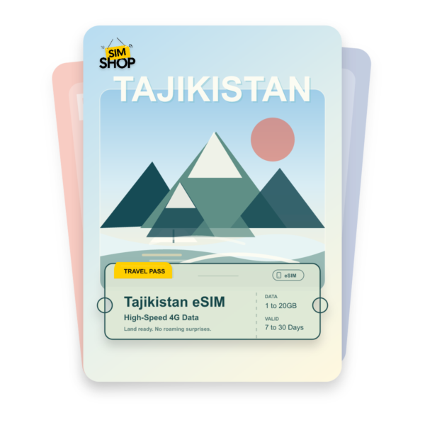 Tajikistan eSIM travel pass showing 1 to 20GB data, valid for 7 to 30 days.