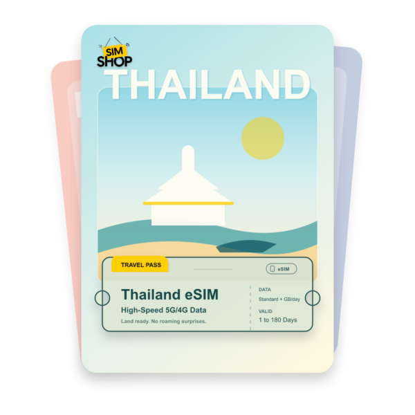 Thailand eSIM travel pass showing Standard + GB/day data, valid for 1 to 180 days.