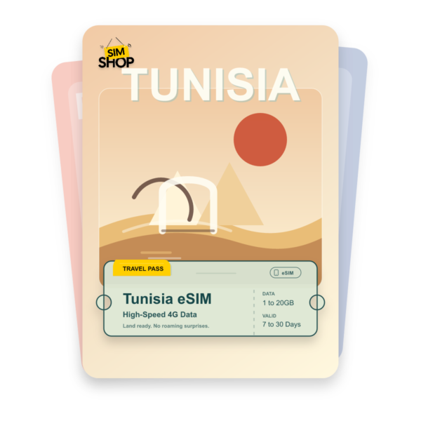 Tunisia eSIM travel pass showing 1 to 20GB data, valid for 7 to 30 days.