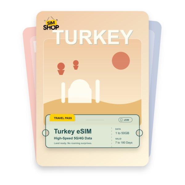 Turkey eSIM travel pass showing 1 to 50GB data, valid for 7 to 180 days.