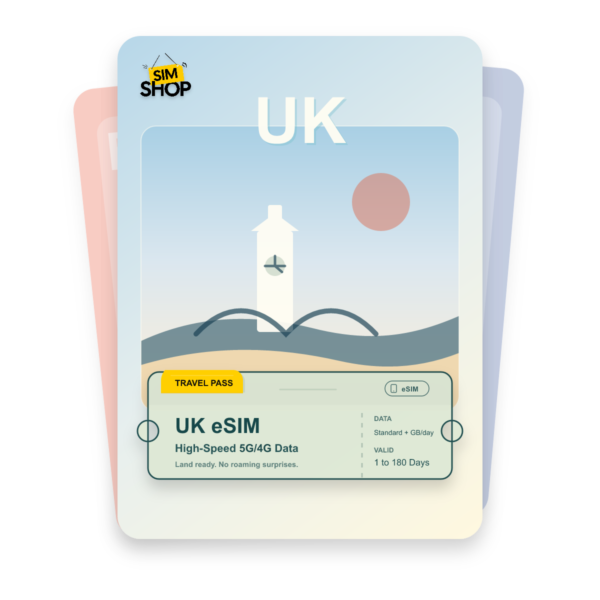UK eSIM travel pass showing Standard + GB/day data, valid for 1 to 180 days.