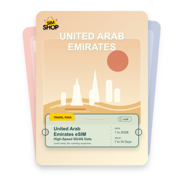 United Arab Emirates eSIM travel pass showing 1 to 20GB data, valid for 7 to 30 days.