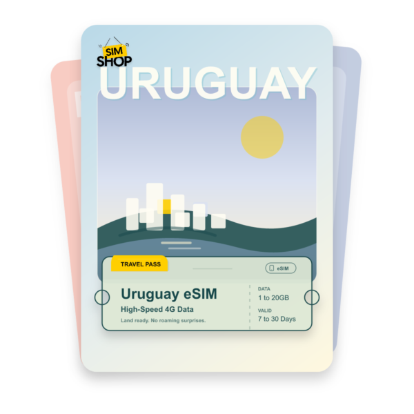 Uruguay eSIM travel pass showing 1 to 20GB data, valid for 7 to 30 days.