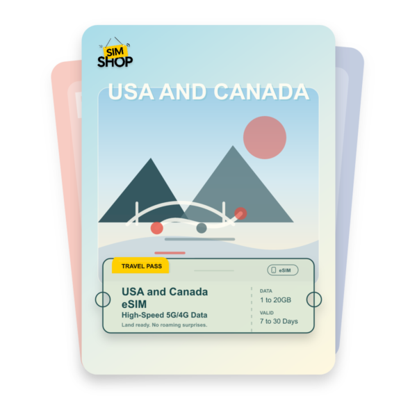 USA and Canada eSIM travel pass showing 1 to 20GB data, valid for 7 to 30 days.