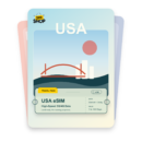 USA eSIM travel pass showing Standard + GB/day data, valid for 1 to 180 days.