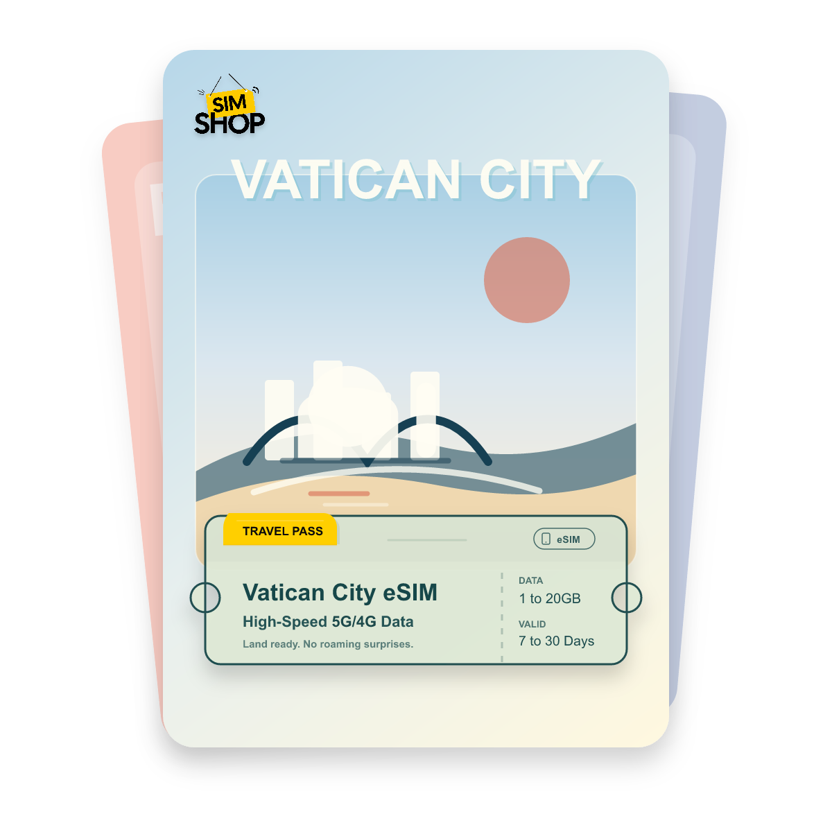 Vatican City eSIM travel pass showing 1 to 20GB data, valid for 7 to 30 days.
